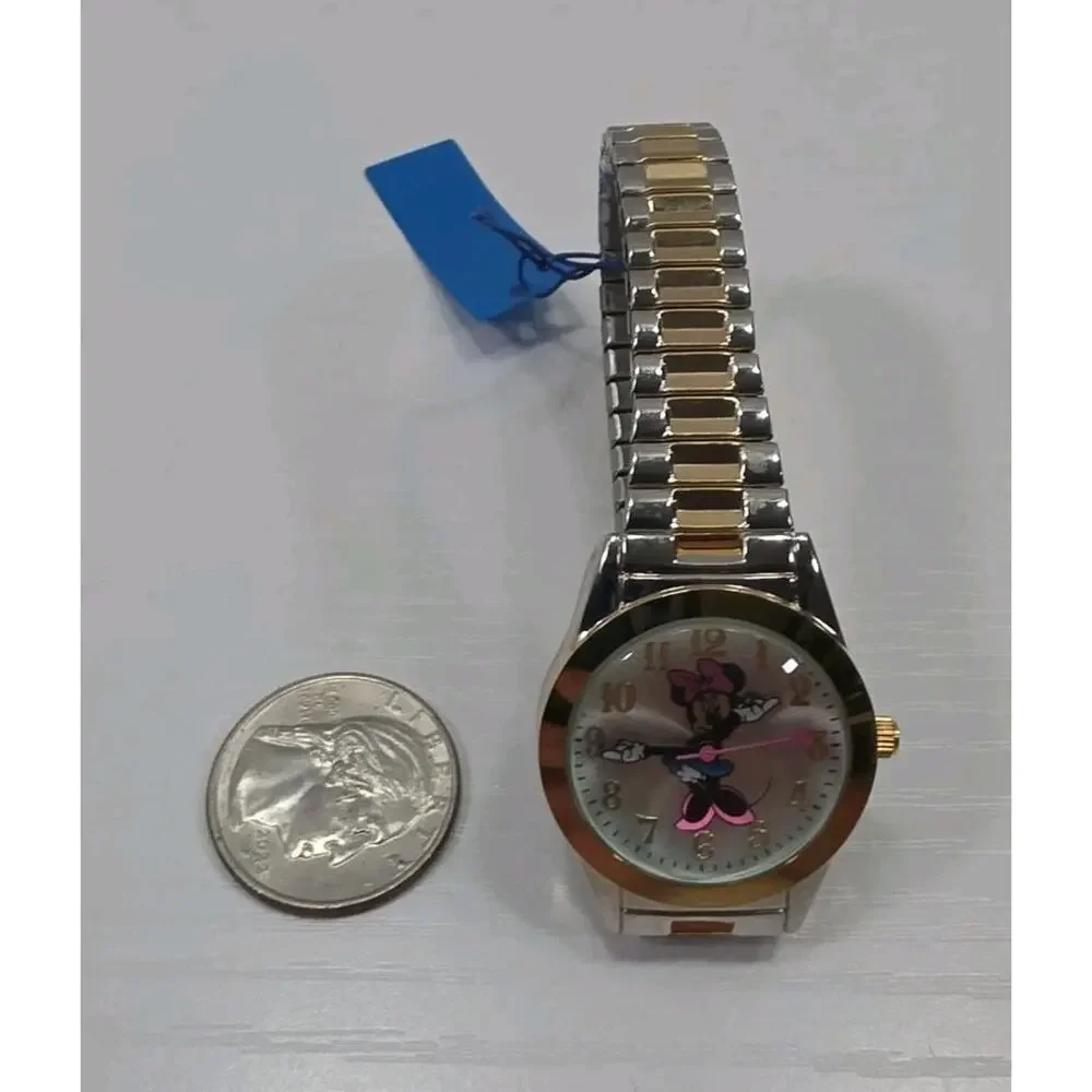 Disney Minnie Mouse High Dome Face Gold & Silver Tone Band Watch New Battery 262